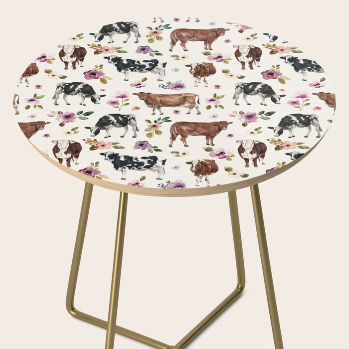 Boho Floral Cow Print with Purple flowers on Cream Side Table Gallery Image 2