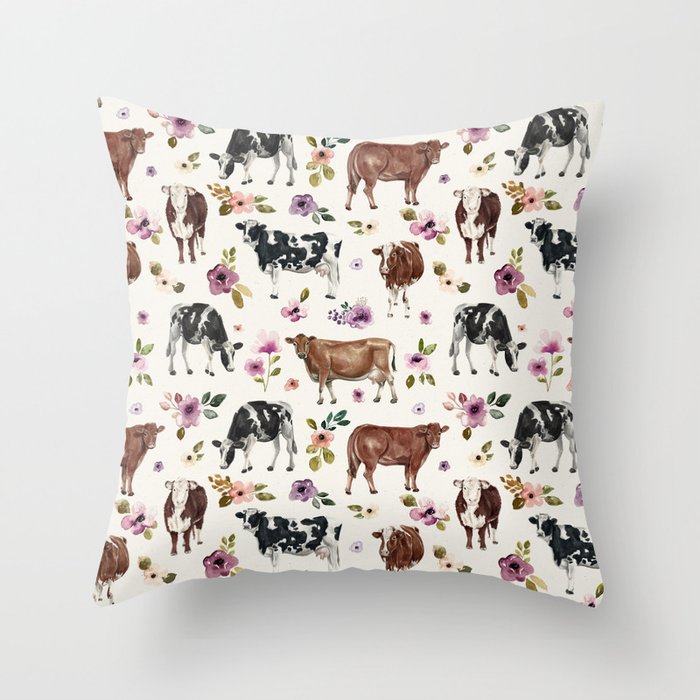 Boho Floral Cow Print with Purple flowers on Cream Throw Pillow Gallery Image 6