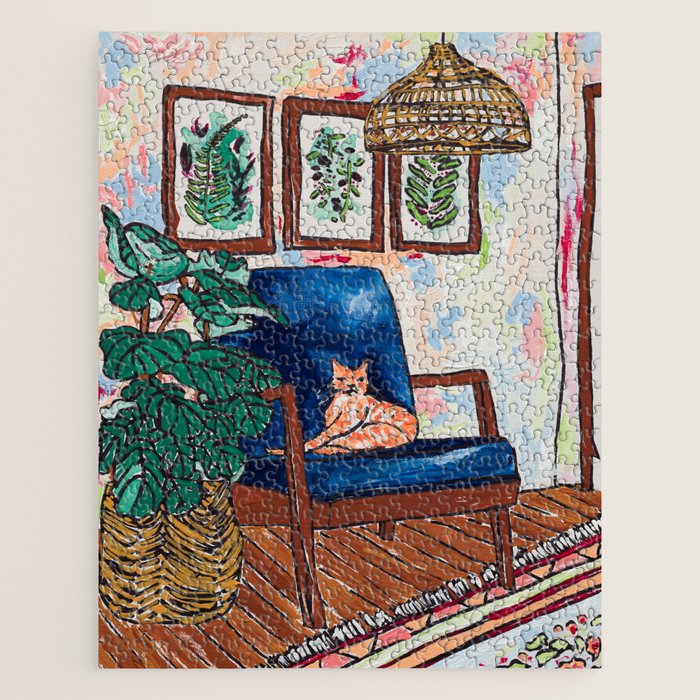 Ginger Cat on Blue Mid Century Chair Painting Jigsaw Puzzle Gallery Image 1