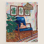 Ginger Cat on Blue Mid Century Chair Painting Jigsaw Puzzle Gallery Image 1