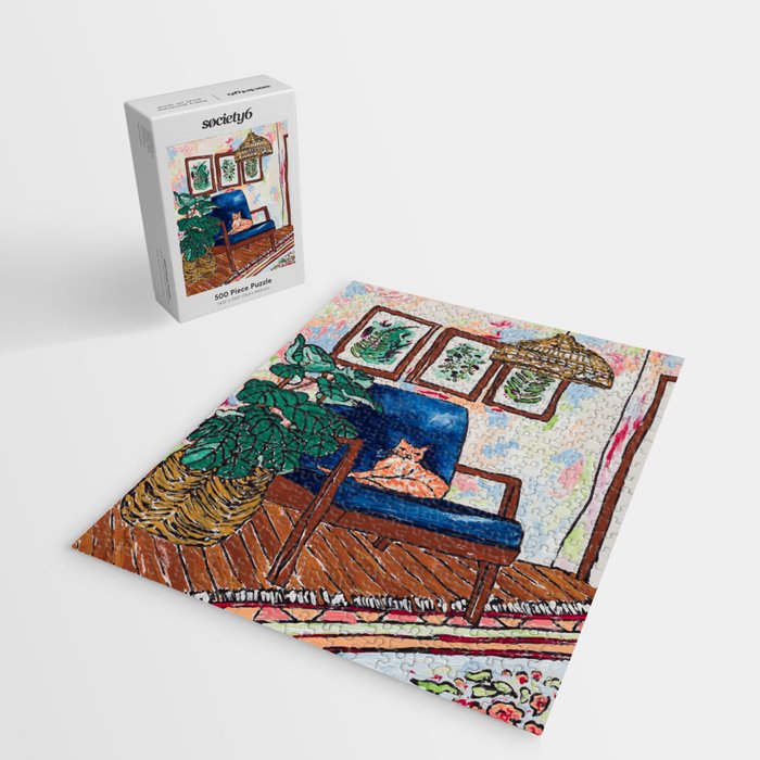 Ginger Cat on Blue Mid Century Chair Painting Jigsaw Puzzle Gallery Image 2