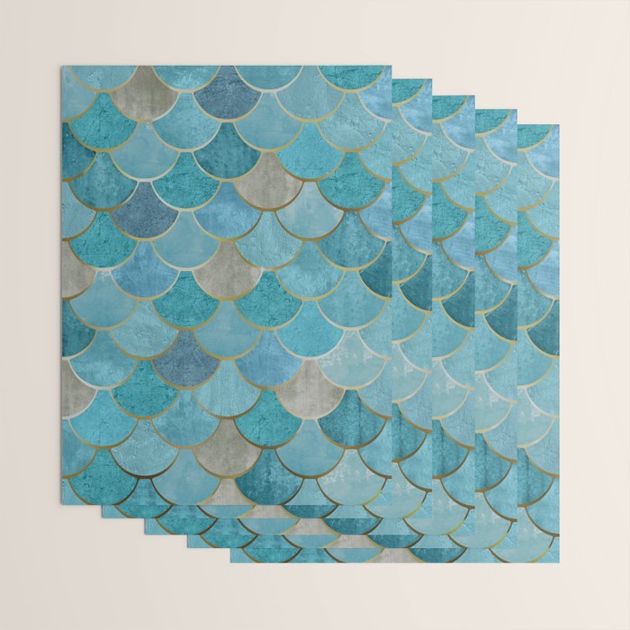 Moroccan Fish Scale Mermaid Pattern, Teal Blue and Gold Wrapping Paper Gallery Image 3