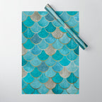 Moroccan Fish Scale Mermaid Pattern, Teal Blue and Gold Wrapping Paper Gallery Image 1