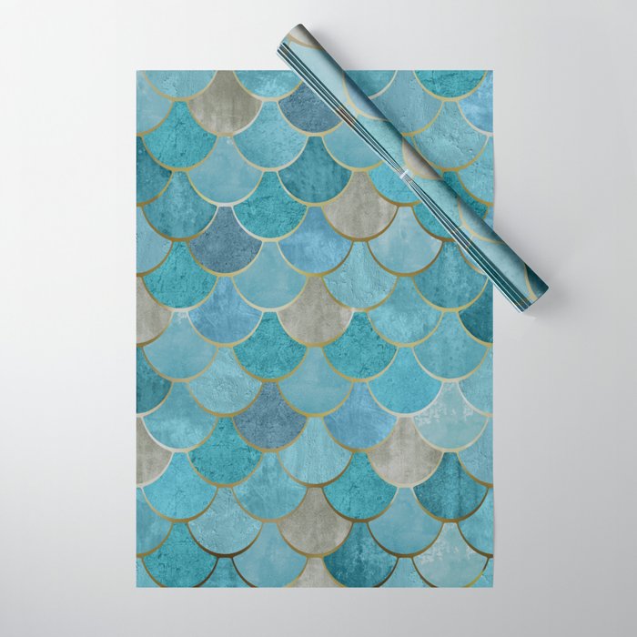 Moroccan Fish Scale Mermaid Pattern, Teal Blue and Gold Wrapping Paper Gallery Image 1