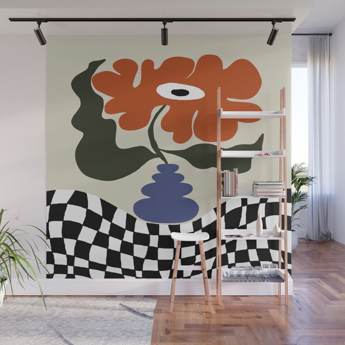 Bold retro flower with check  Wall Mural Gallery Image 1