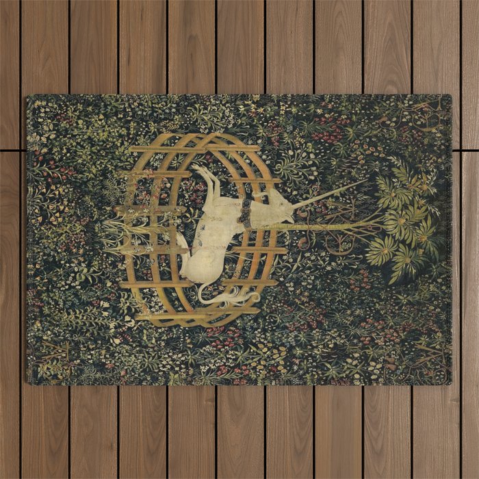 The Unicorn Rests in a Garden (from the Unicorn Tapestries) Outdoor Rug Gallery Image 1