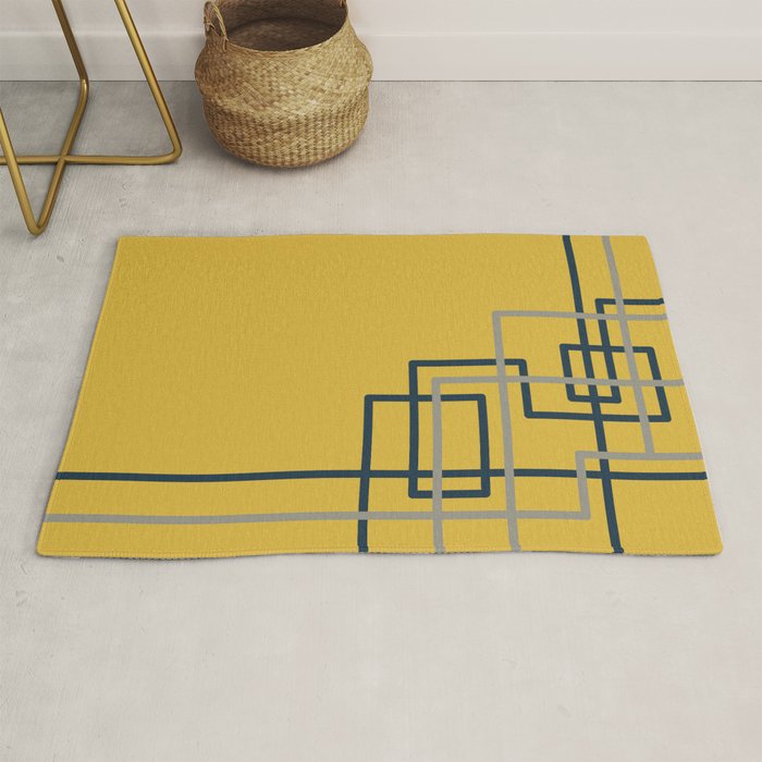 Corner Deco Minimalist Geometric Pattern in Navy Blue, Gray, and Light Mustard Rug Gallery Image 1