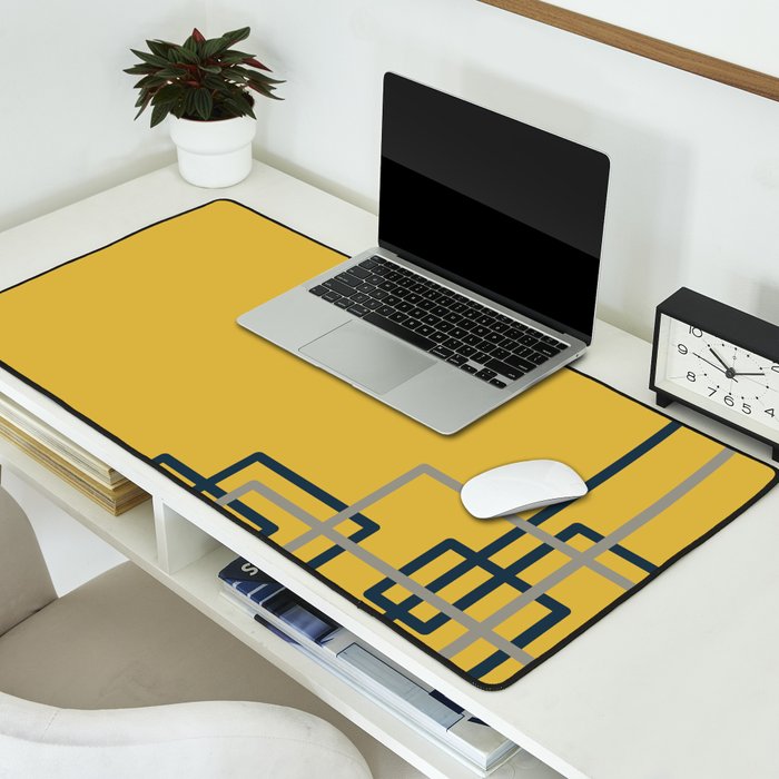 Corner Deco Minimalist Geometric Pattern in Navy Blue, Gray, and Light Mustard Desk Mat Gallery Image 2