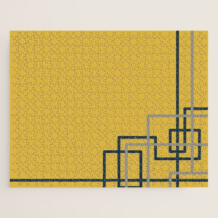 Corner Deco Minimalist Geometric Pattern in Navy Blue, Gray, and Light Mustard Jigsaw Puzzle Gallery Image 1