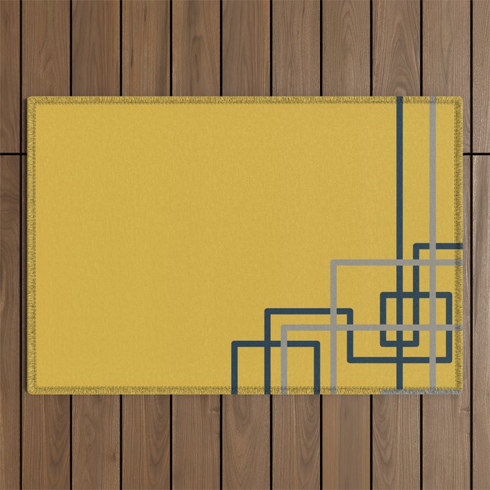 Corner Deco Minimalist Geometric Pattern in Navy Blue, Gray, and Light Mustard Outdoor Rug Gallery Image 1