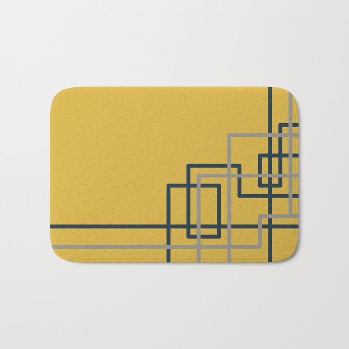 Corner Deco Minimalist Geometric Pattern in Navy Blue, Gray, and Light Mustard Bath Mat Gallery Image 1