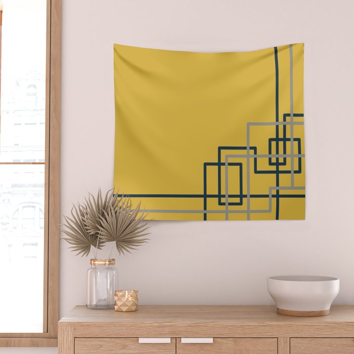 Corner Deco Minimalist Geometric Pattern in Navy Blue, Gray, and Light Mustard Wall Tapestry Gallery Image 2