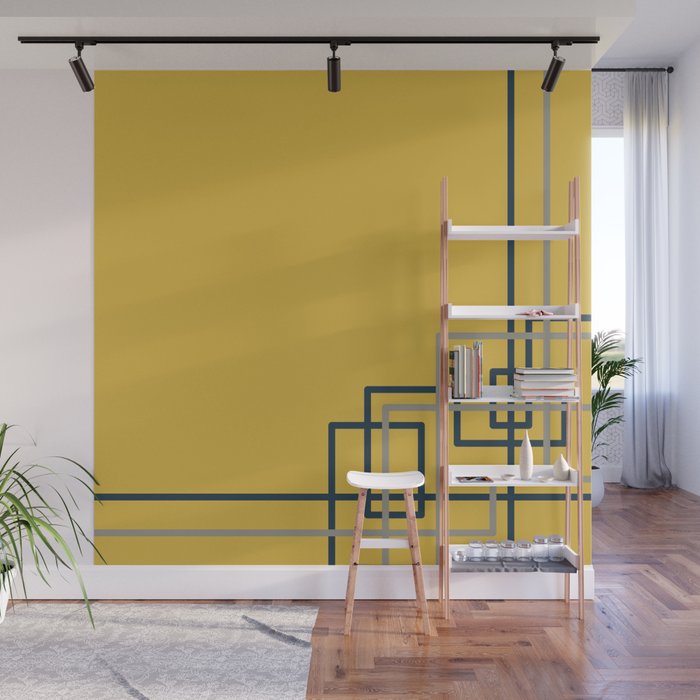 Corner Deco Minimalist Geometric Pattern in Navy Blue, Gray, and Light Mustard Wall Mural Gallery Image 1