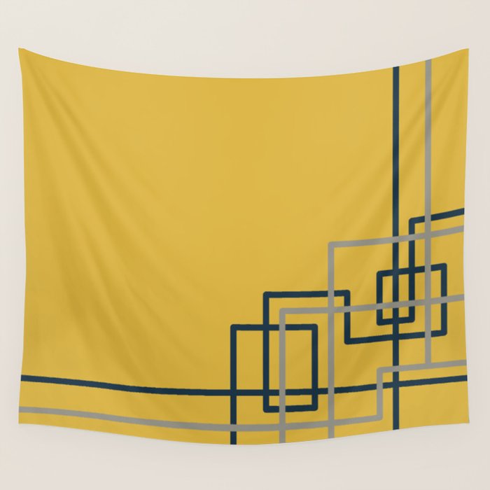 Corner Deco Minimalist Geometric Pattern in Navy Blue, Gray, and Light Mustard Wall Tapestry Gallery Image 4