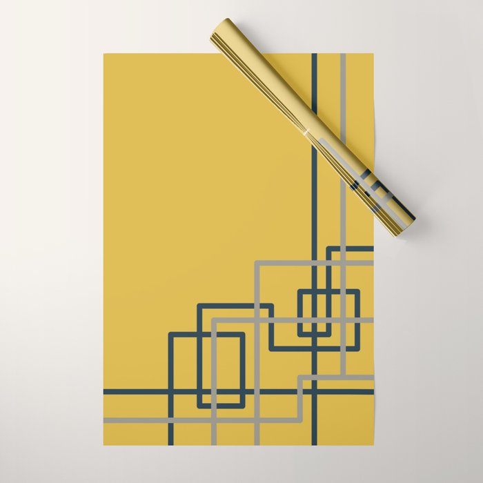 Corner Deco Minimalist Geometric Pattern in Navy Blue, Gray, and Light Mustard Wrapping Paper Gallery Image 1