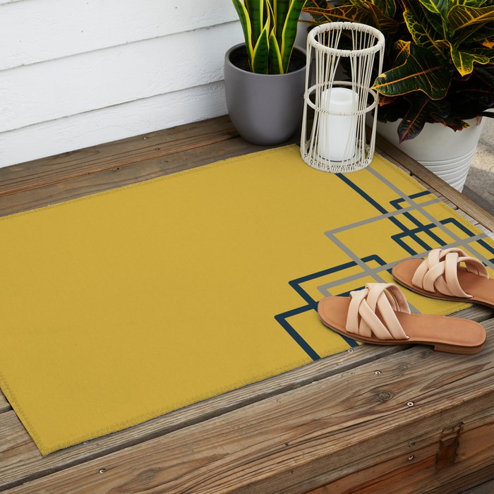 Corner Deco Minimalist Geometric Pattern in Navy Blue, Gray, and Light Mustard Outdoor Rug Gallery Image 2
