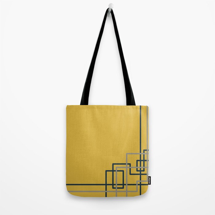 Corner Deco Minimalist Geometric Pattern in Navy Blue, Gray, and Light Mustard Tote Bag Gallery Image 2