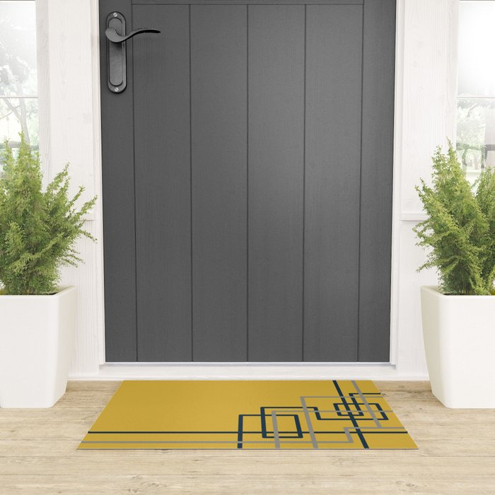 Corner Deco Minimalist Geometric Pattern in Navy Blue, Gray, and Light Mustard Welcome Mat Gallery Image 3