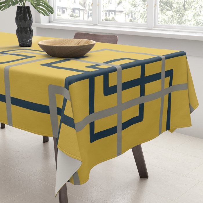 Corner Deco Minimalist Geometric Pattern in Navy Blue, Gray, and Light Mustard Tablecloth Gallery Image 3