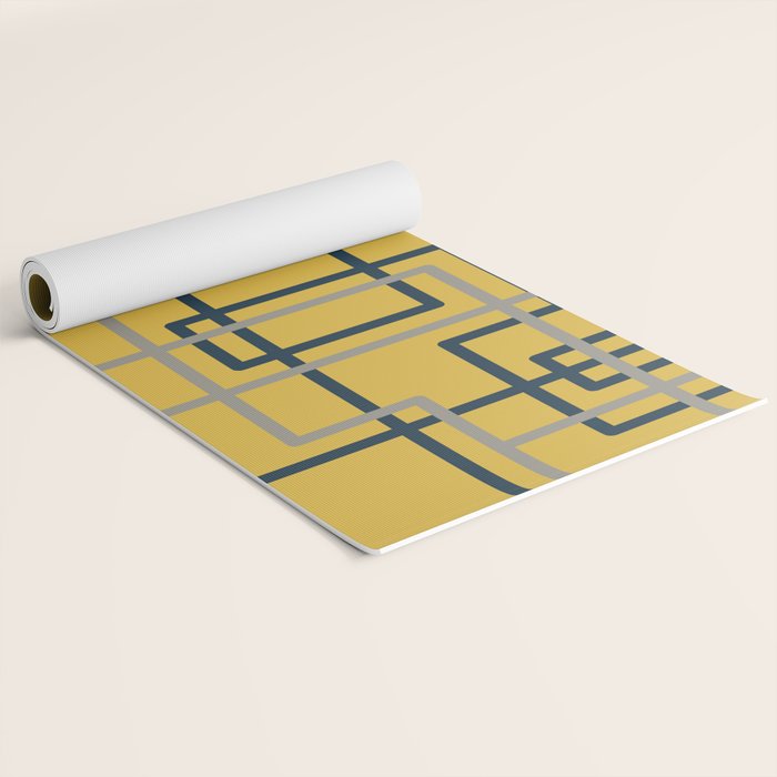 Corner Deco Minimalist Geometric Pattern in Navy Blue, Gray, and Light Mustard Yoga Mat Gallery Image 2