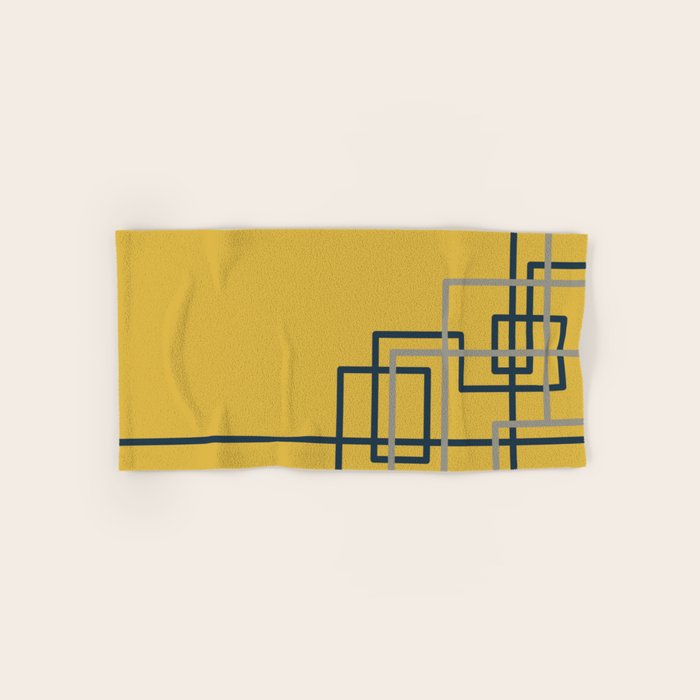 Corner Deco Minimalist Geometric Pattern in Navy Blue, Gray, and Light Mustard Bath Towel Gallery Image 1