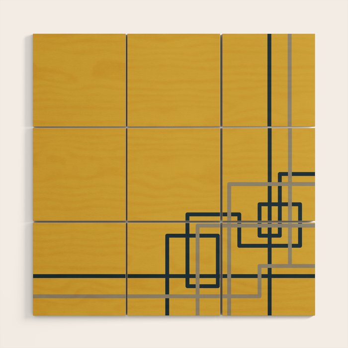 Corner Deco Minimalist Geometric Pattern in Navy Blue, Gray, and Light Mustard Wood Wall Art Gallery Image 1