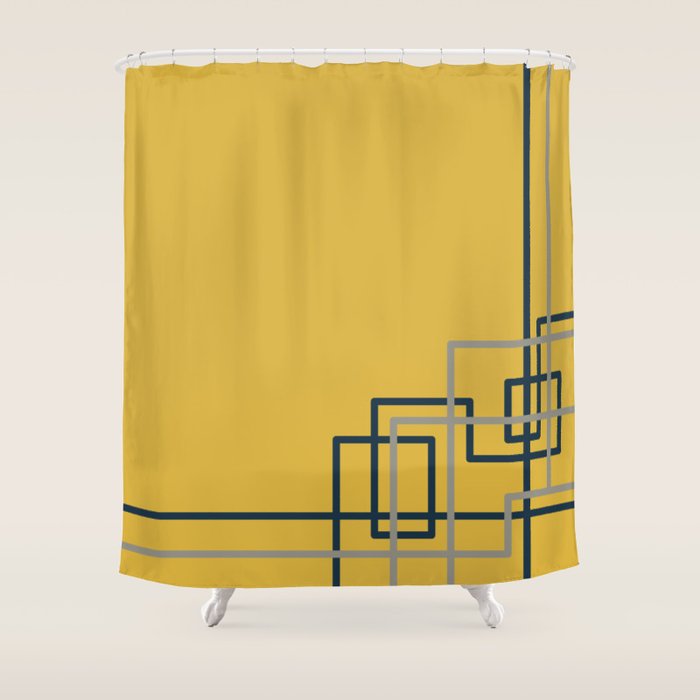 Corner Deco Minimalist Geometric Pattern in Navy Blue, Gray, and Light Mustard Shower Curtain Gallery Image 1