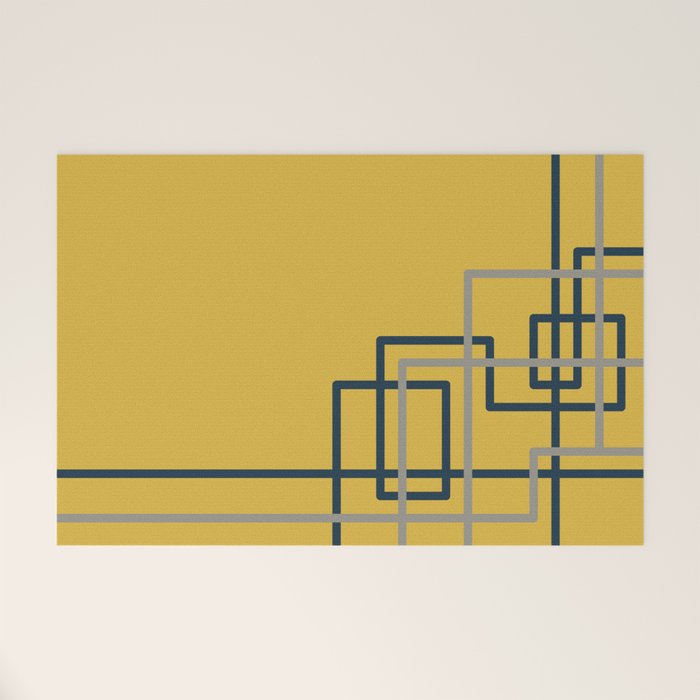 Corner Deco Minimalist Geometric Pattern in Navy Blue, Gray, and Light Mustard Welcome Mat Gallery Image 1
