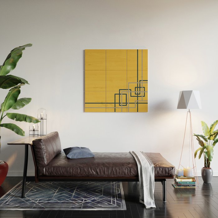 Corner Deco Minimalist Geometric Pattern in Navy Blue, Gray, and Light Mustard Wood Wall Art Gallery Image 2