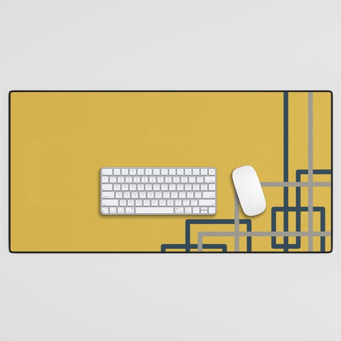 Corner Deco Minimalist Geometric Pattern in Navy Blue, Gray, and Light Mustard Desk Mat Gallery Image 1