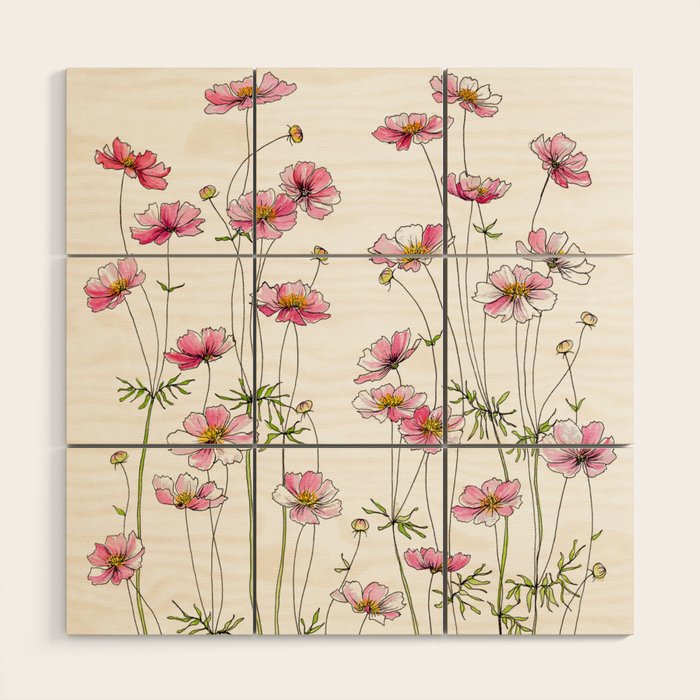 Pink Cosmos Flowers Wood Wall Art Gallery Image 1
