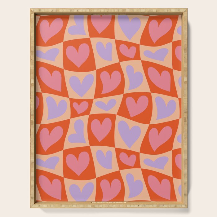 Retro red love heart checkered pattern Serving Tray Gallery Image 1