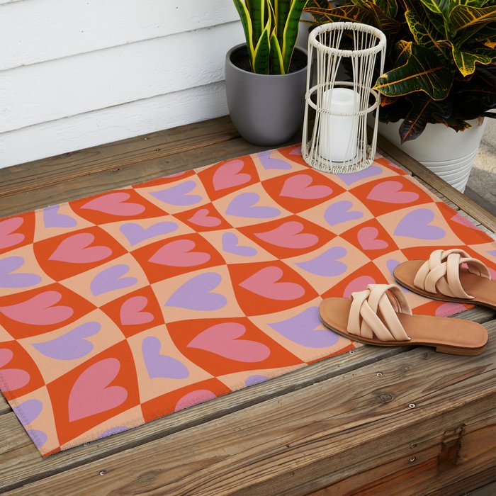 Retro red love heart checkered pattern Outdoor Rug Gallery Image 2