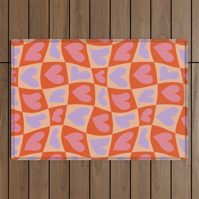 Retro red love heart checkered pattern Outdoor Rug Gallery Image 1