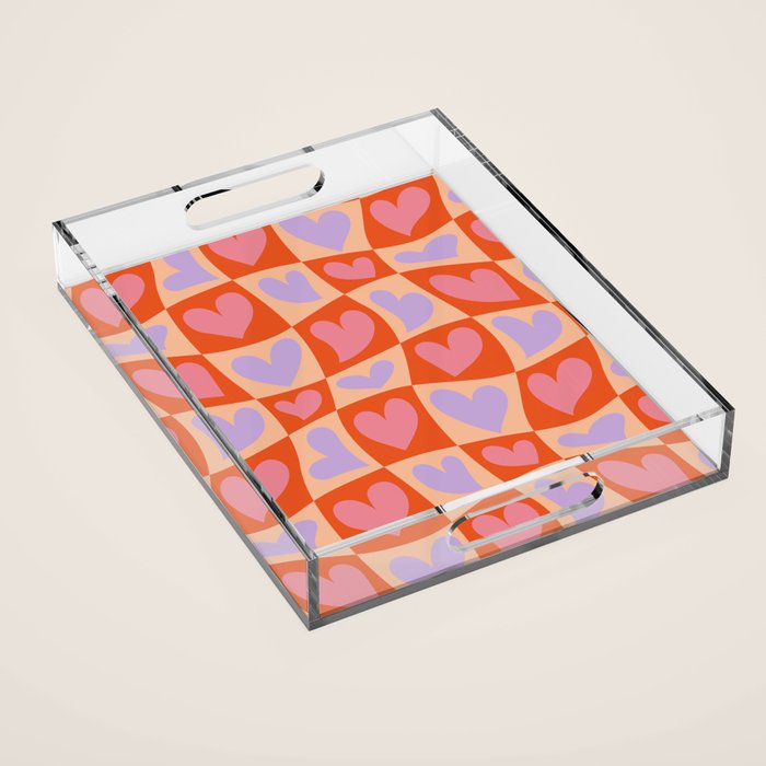 Retro red love heart checkered pattern Acrylic Tray Gallery Image 1
