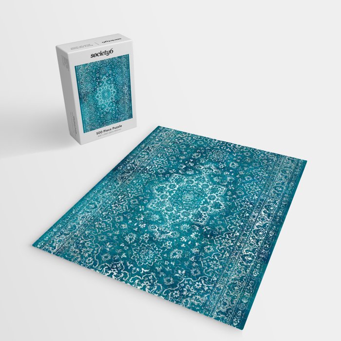 PERSIAN CARPET MONOCHROME TEAL HEAVY DISTRESSED Jigsaw Puzzle Gallery Image 2