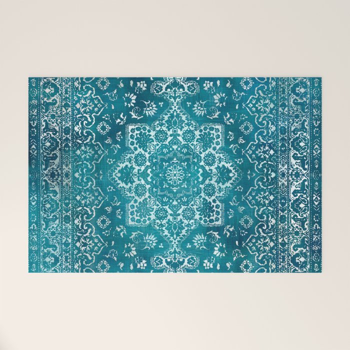 PERSIAN CARPET MONOCHROME TEAL HEAVY DISTRESSED Welcome Mat Gallery Image 1