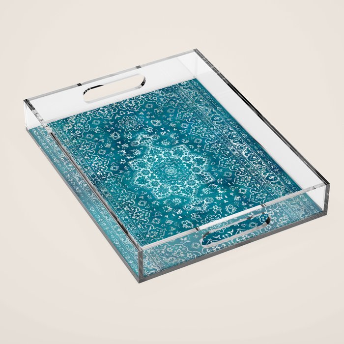 PERSIAN CARPET MONOCHROME TEAL HEAVY DISTRESSED Acrylic Tray Gallery Image 1