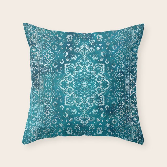 PERSIAN CARPET MONOCHROME TEAL HEAVY DISTRESSED Throw Pillow Gallery Image 1