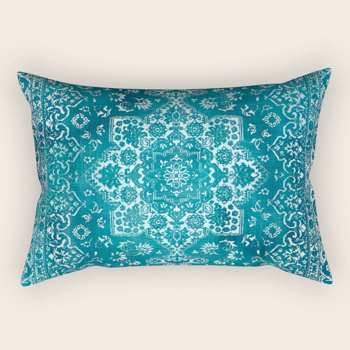 PERSIAN CARPET MONOCHROME TEAL HEAVY DISTRESSED Rectangular Pillow Gallery Image 1