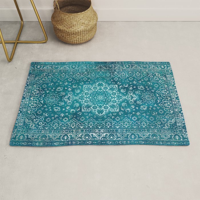 PERSIAN CARPET MONOCHROME TEAL HEAVY DISTRESSED Rug Gallery Image 1