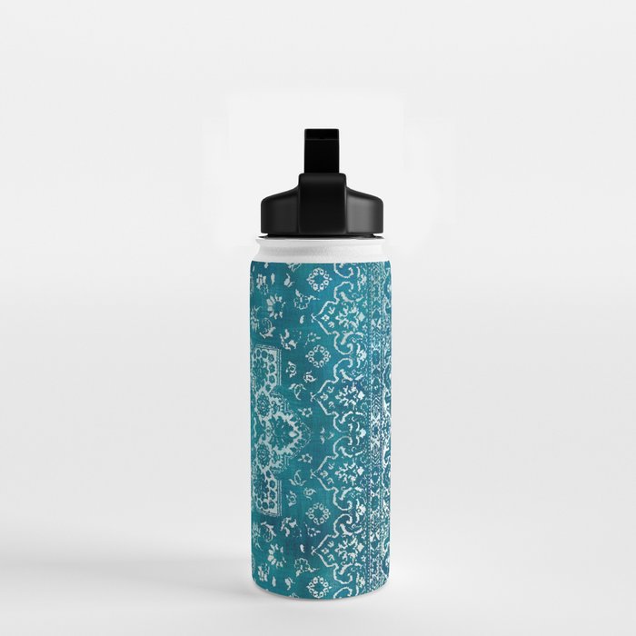 PERSIAN CARPET MONOCHROME TEAL HEAVY DISTRESSED Water Bottle Gallery Image 2