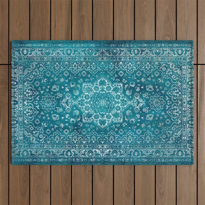 PERSIAN CARPET MONOCHROME TEAL HEAVY DISTRESSED Outdoor Rug Gallery Image 1