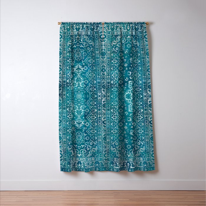 PERSIAN CARPET MONOCHROME TEAL HEAVY DISTRESSED Window Curtain Gallery Image 3