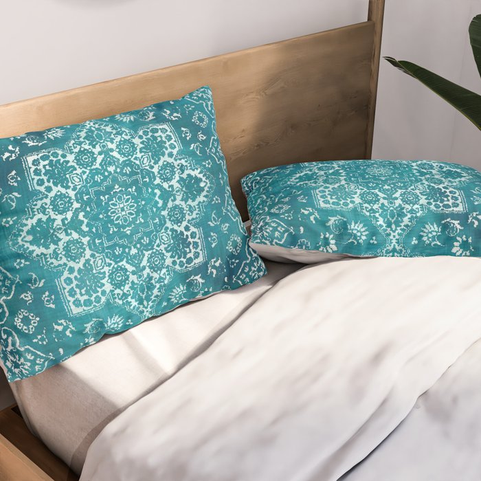 PERSIAN CARPET MONOCHROME TEAL HEAVY DISTRESSED Pillow Sham Gallery Image 2