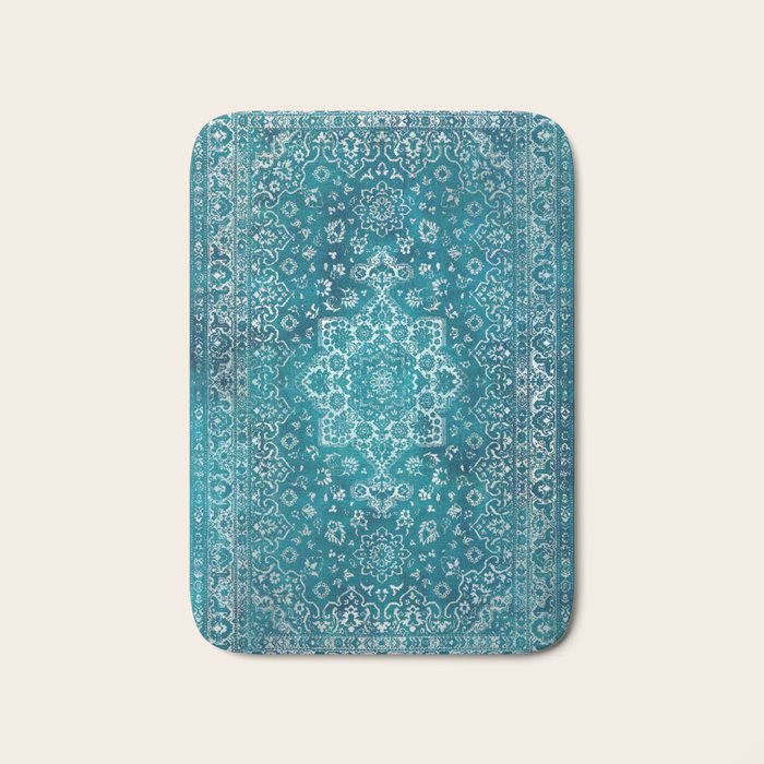 PERSIAN CARPET MONOCHROME TEAL HEAVY DISTRESSED Bath Mat Gallery Image 1