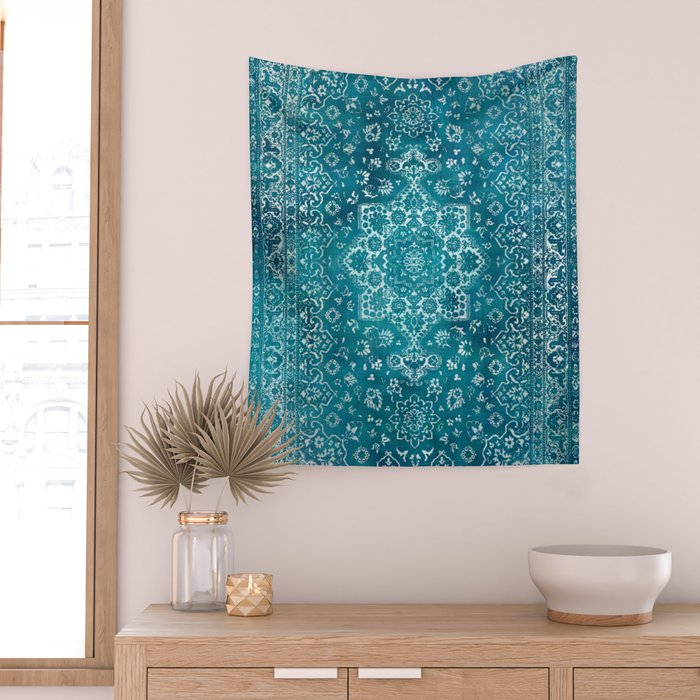 PERSIAN CARPET MONOCHROME TEAL HEAVY DISTRESSED Wall Tapestry Gallery Image 2