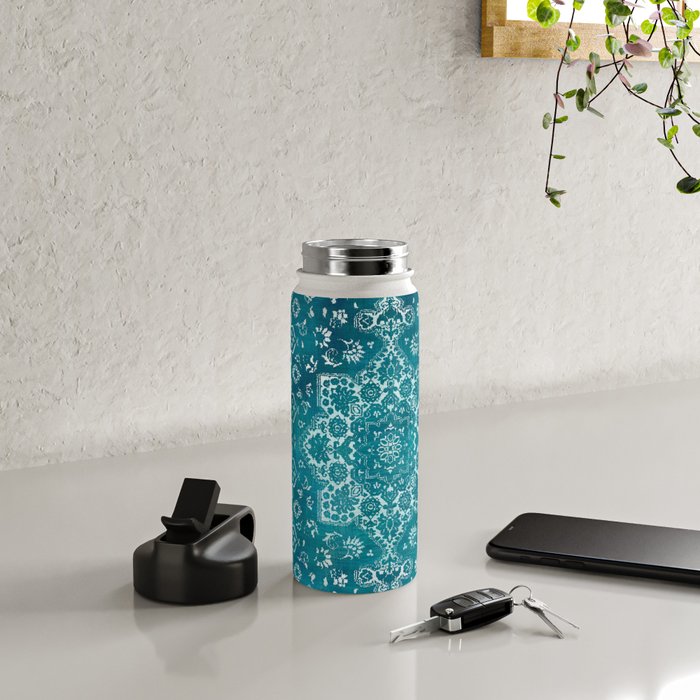 PERSIAN CARPET MONOCHROME TEAL HEAVY DISTRESSED Water Bottle Gallery Image 4