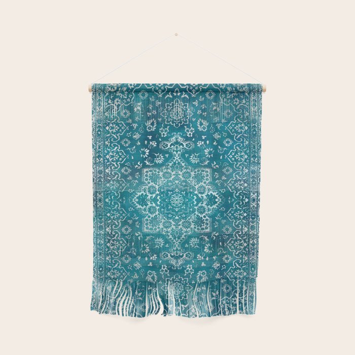 PERSIAN CARPET MONOCHROME TEAL HEAVY DISTRESSED Wall Hanging Gallery Image 1