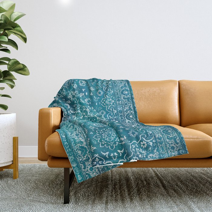 PERSIAN CARPET MONOCHROME TEAL HEAVY DISTRESSED Throw Blanket Gallery Image 1